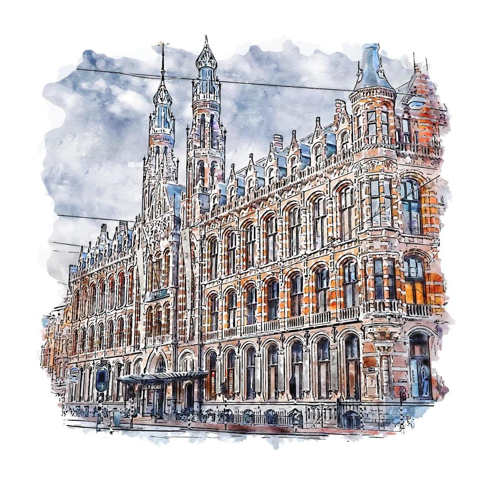 Amsterdam Netherlands Watercolor sketch hand drawn illustration vector