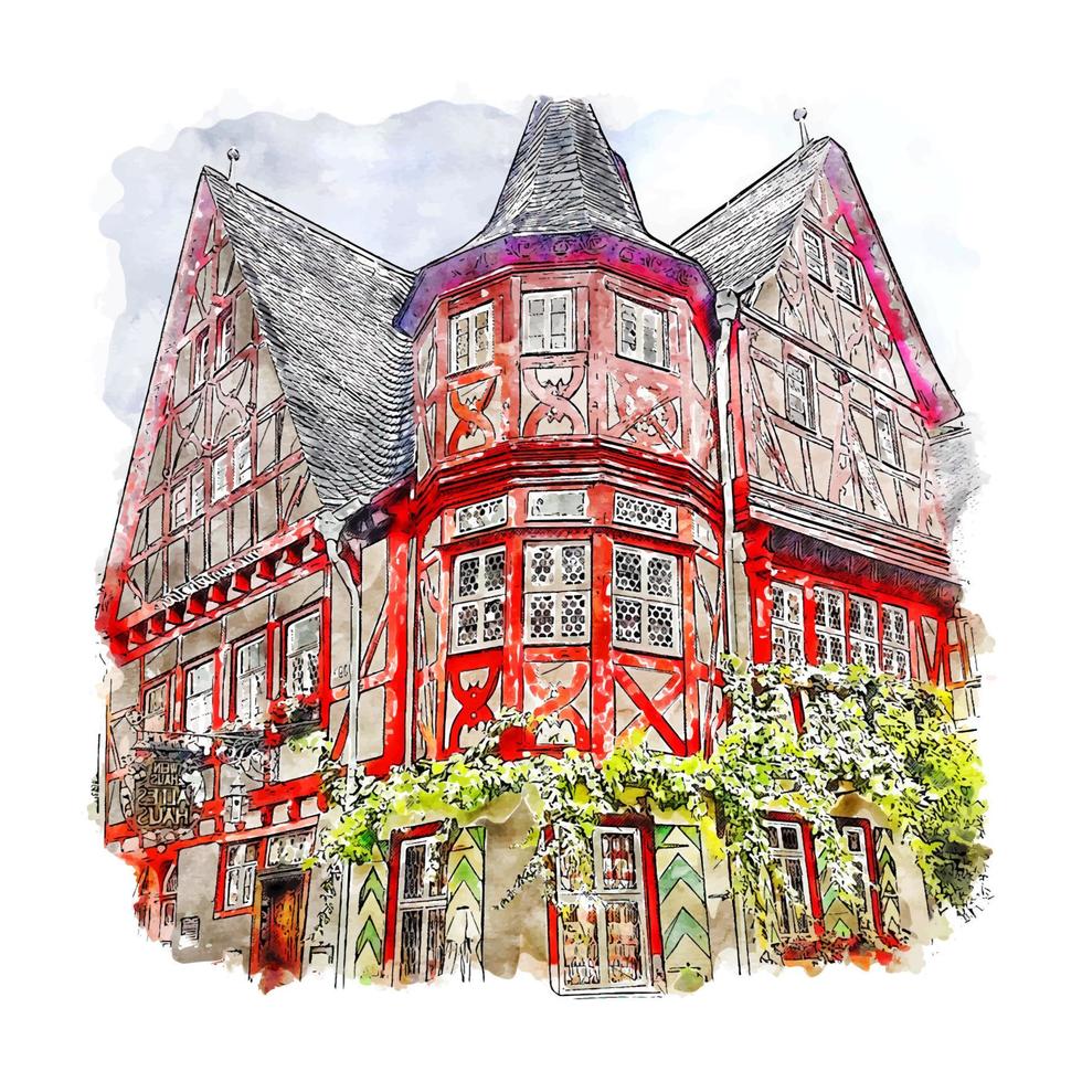 Bacharach Germany Watercolor sketch hand drawn illustration vector
