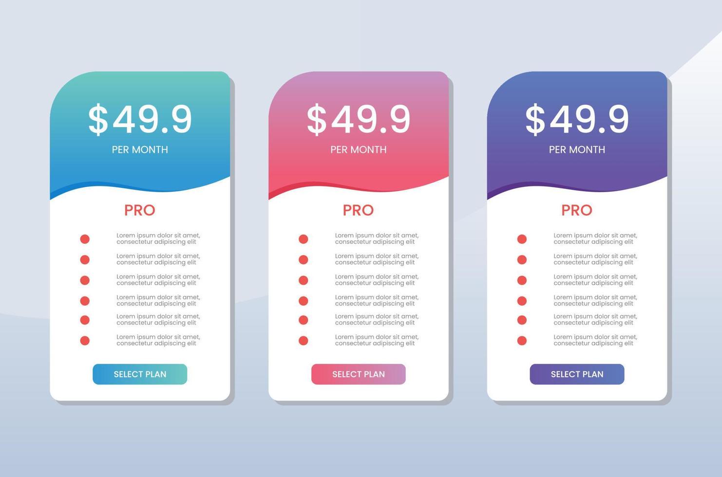 pricing table template for website vector