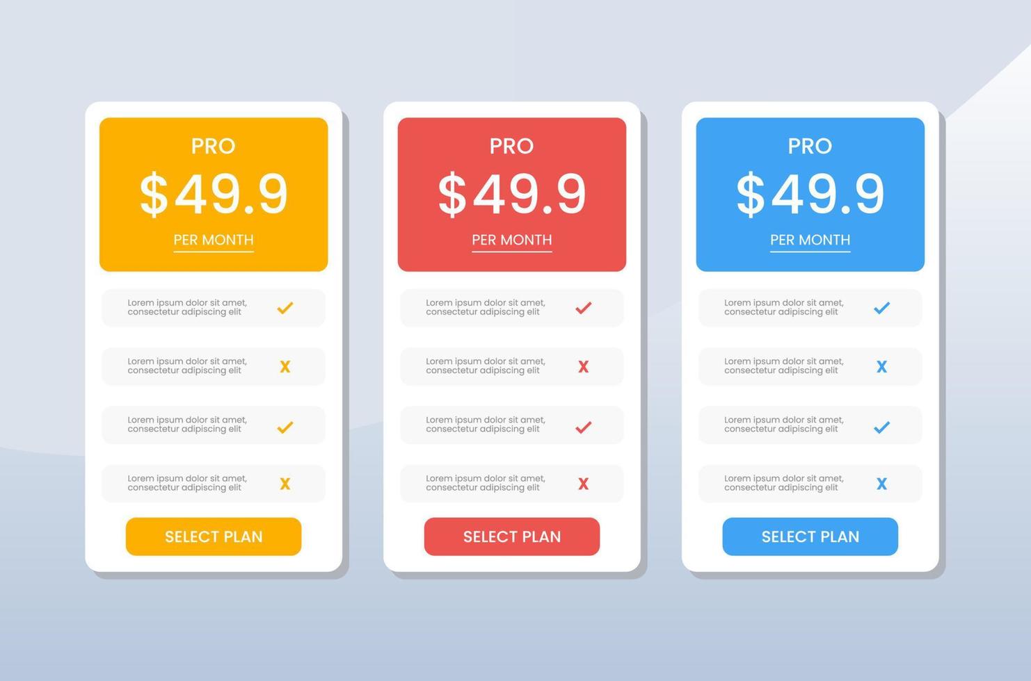 pricing table template for website vector