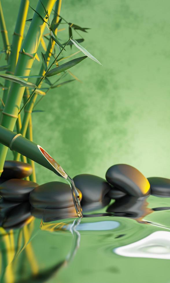 Clearwater flows out of bamboo sections. The shiny black stones overlap. The background is green and yellow waves like water waves. Spa style images. 3D Rendering photo