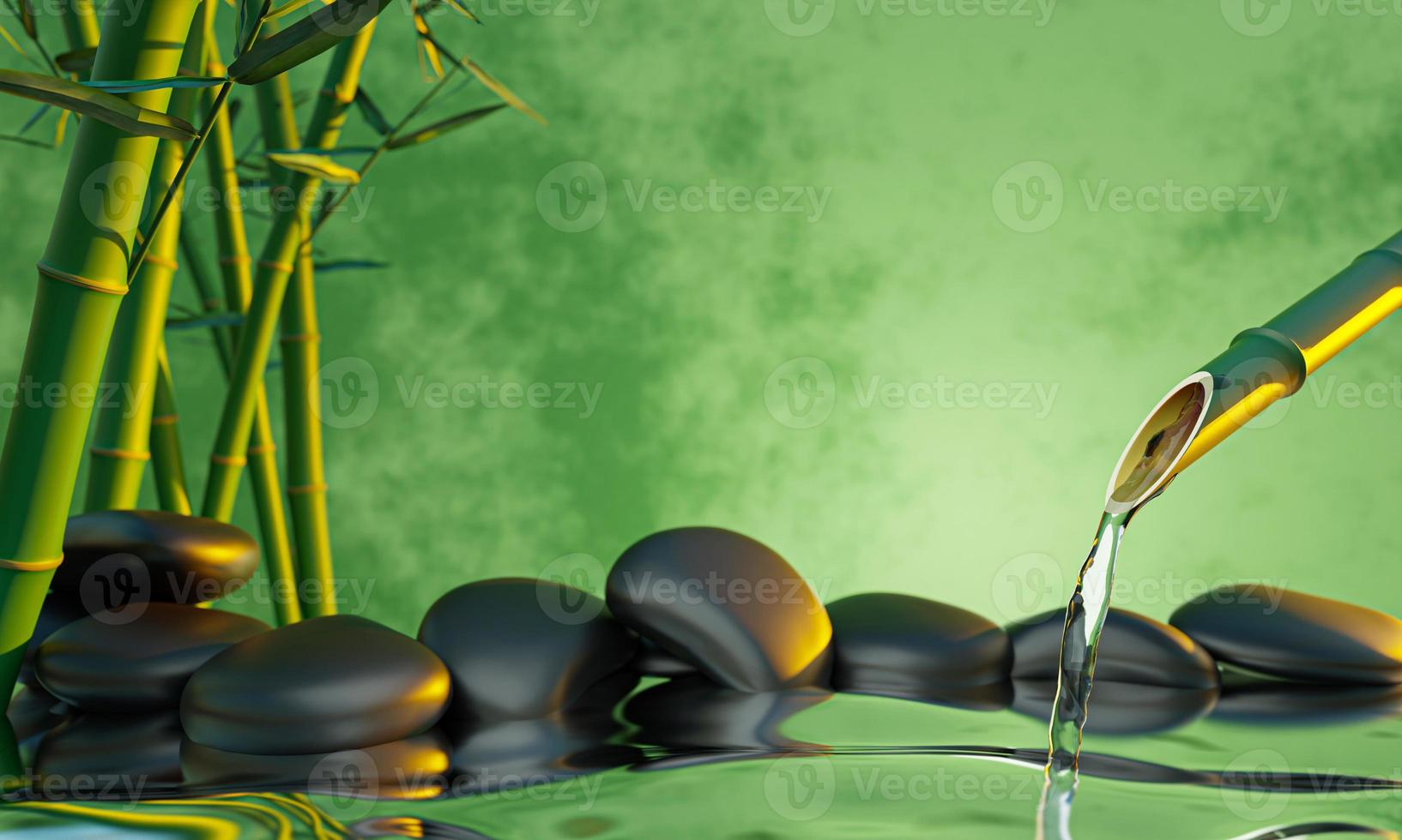 Clearwater flows out of bamboo sections. The shiny black stones overlap. The background is green and yellow waves like water waves. Spa style images. 3D Rendering photo