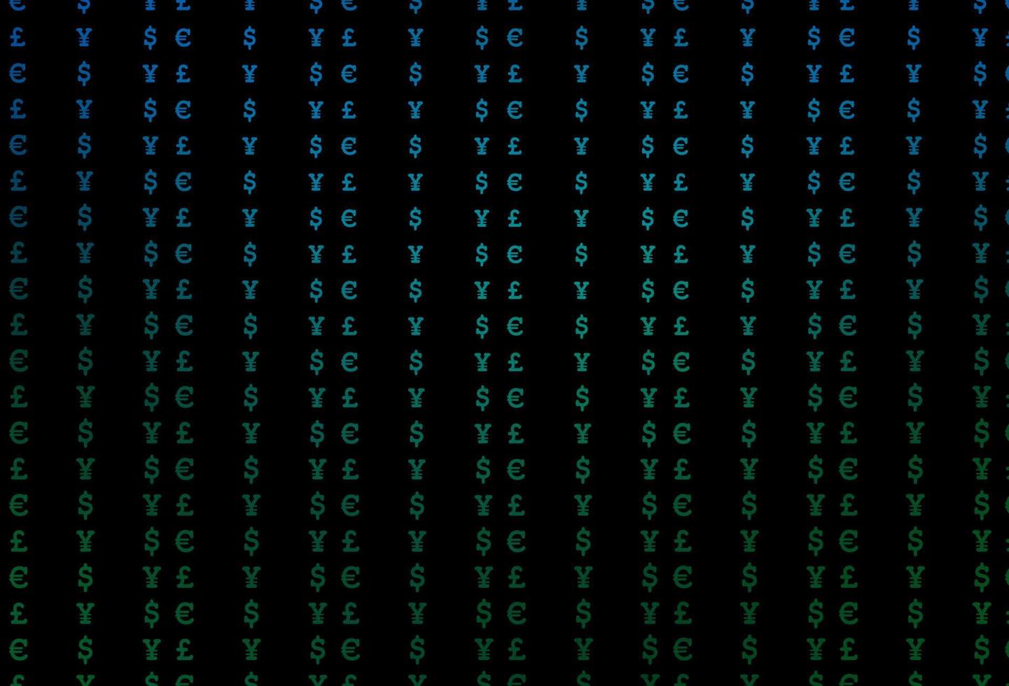 Fondo de vector azul oscuro, verde con eur, usd, gbp, jpy.