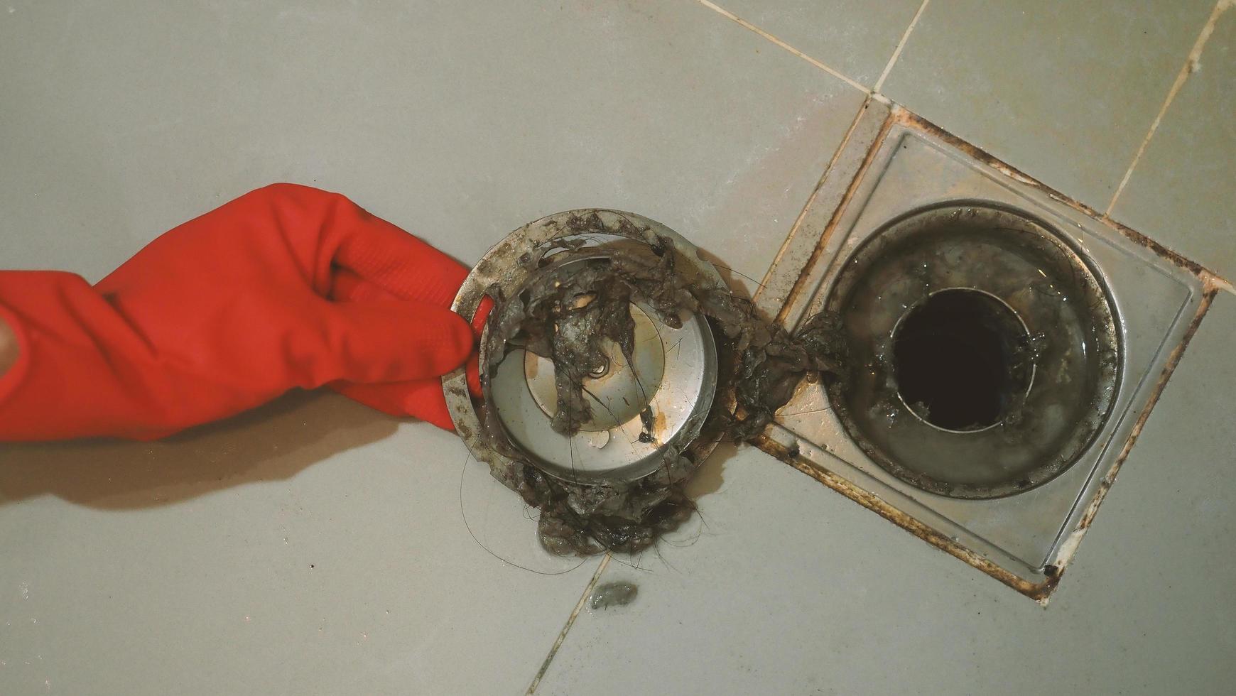 Drain cleaning. Clogged and dirty sewer pipes floor drain. photo