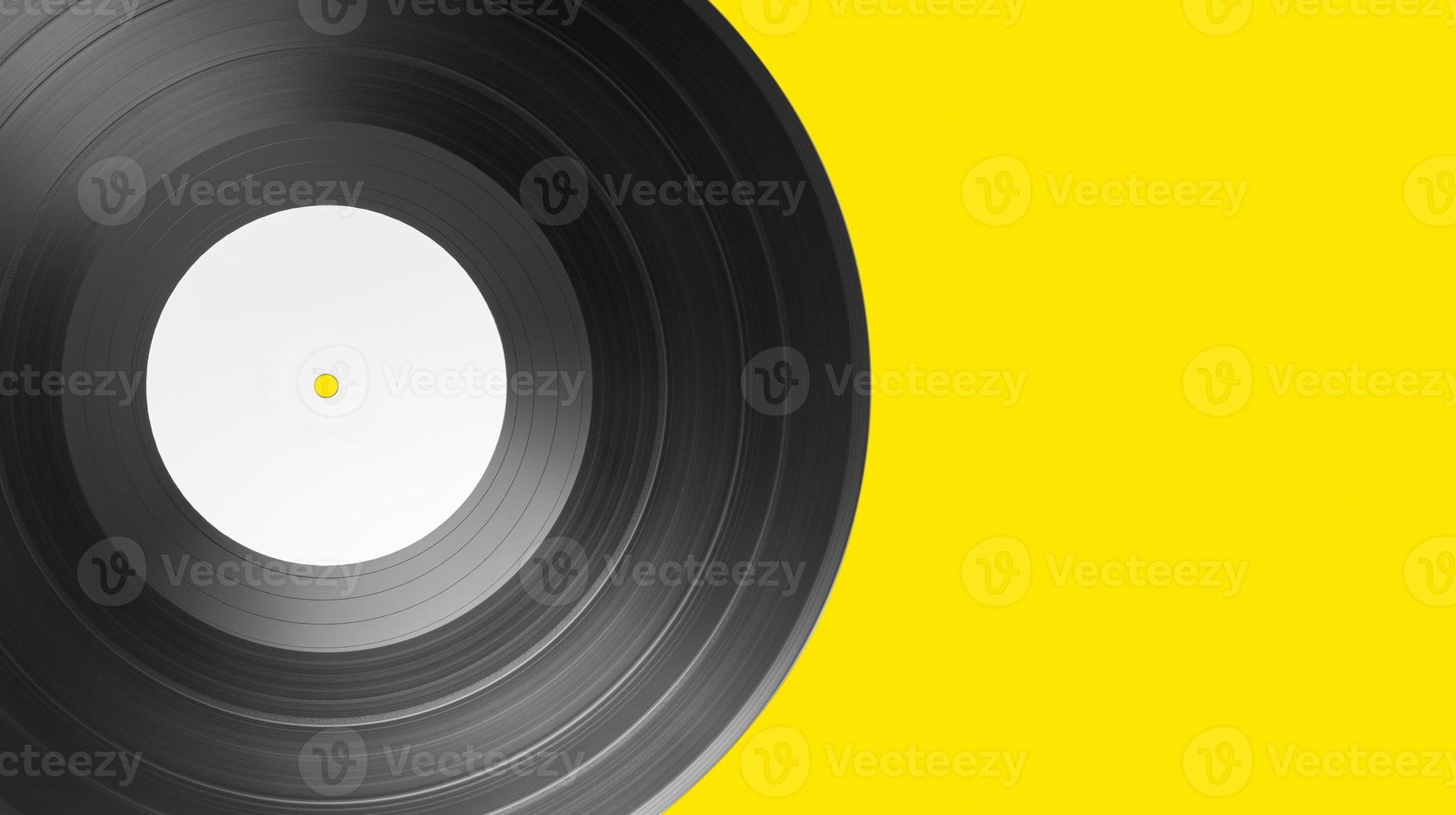 Vinyl record on yellow background with copy space. White label mock up photo