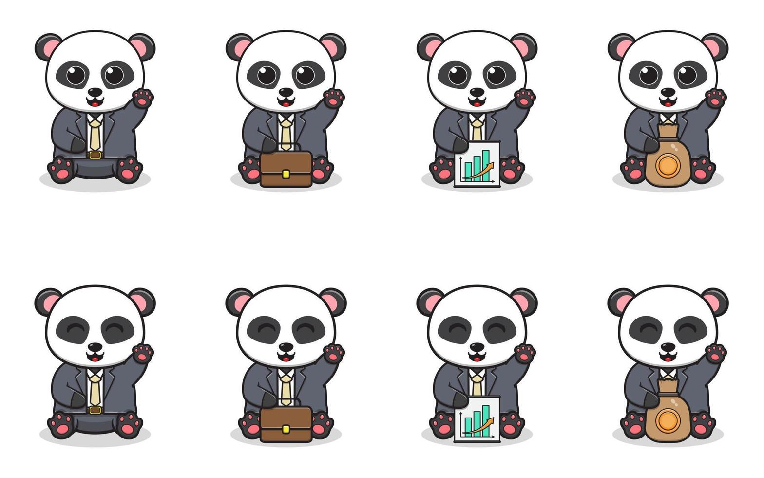 ilustración vectorial de panda lindo con traje de hombre de negocios sentado y pose de mano. vector
