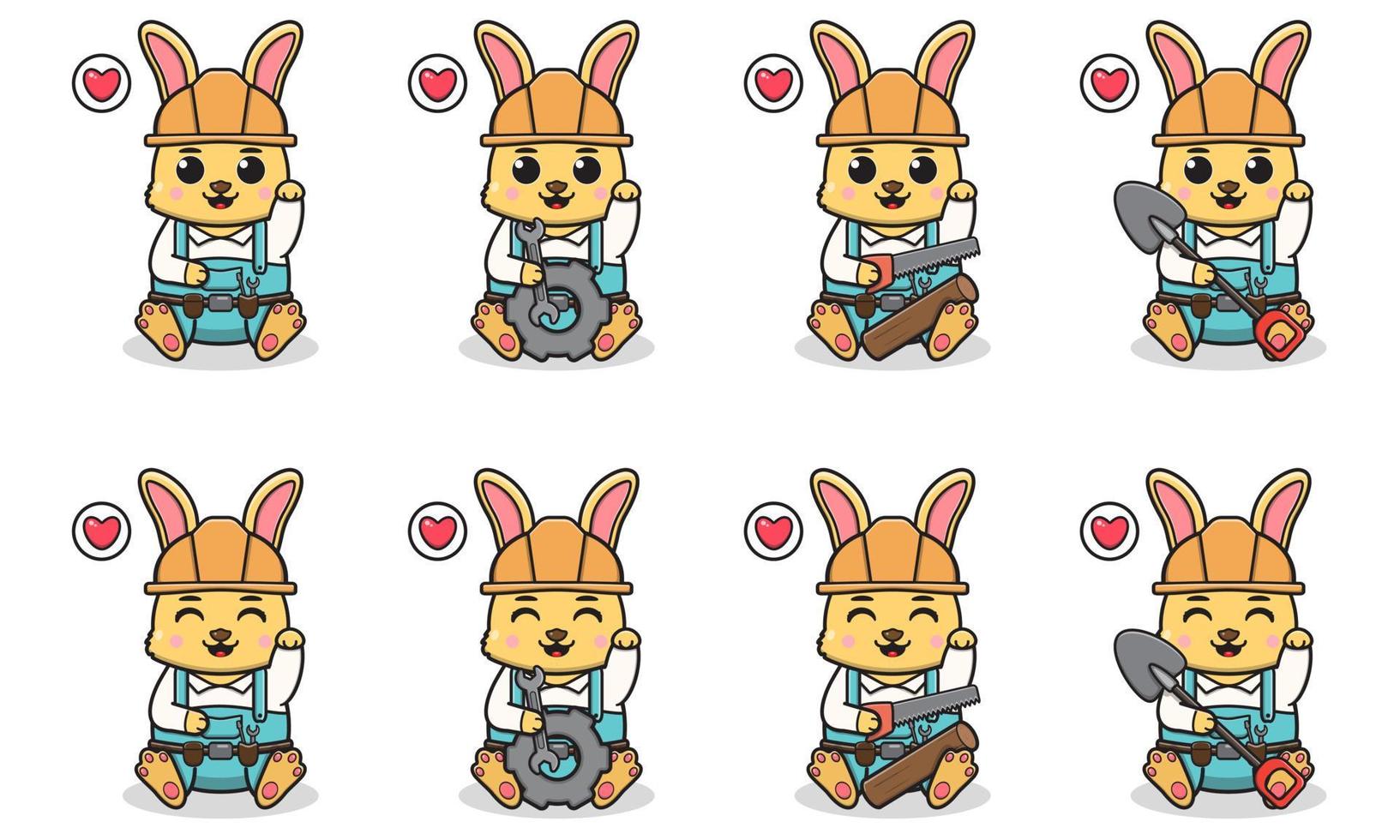 ilustración vectorial de lindo conejo con traje de manitas sentado y pose de mano. vector