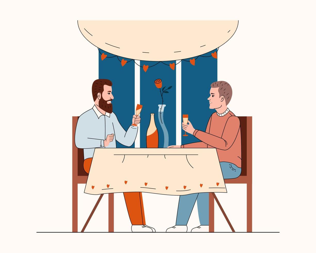 pareja gay celebra aniversario, día de san valentín, pasa tiempo juntos. los hombres homosexuales se sientan en el restaurante y beben champán. Ilustración de vector plano aislado sobre fondo blanco.