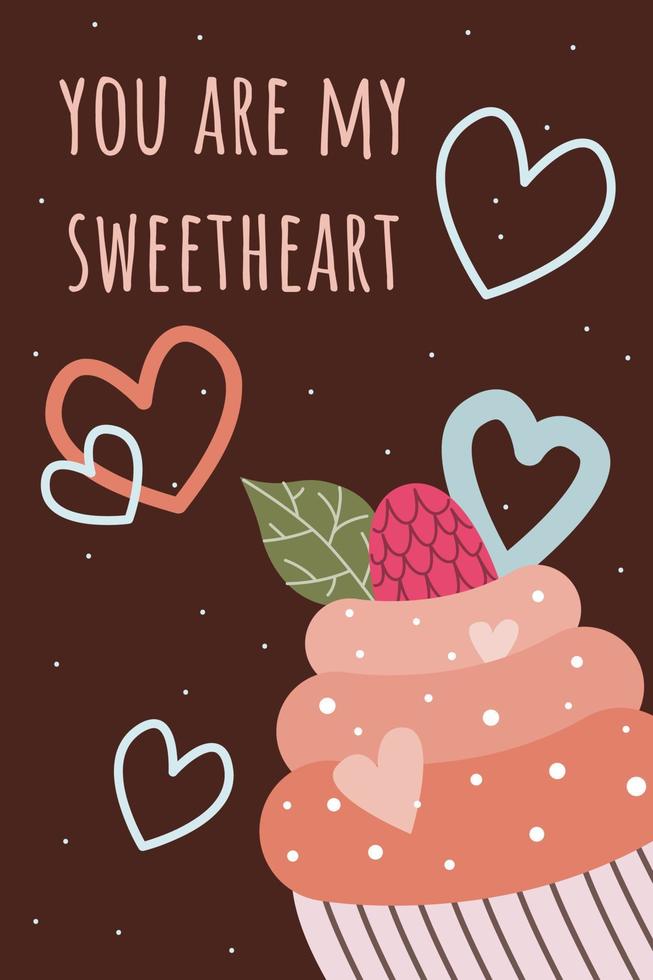 tarjeta del día de san valentín con lindo pastel sabroso y corazones. ilustración de dibujos animados vectoriales para póster, postal, impresión vector
