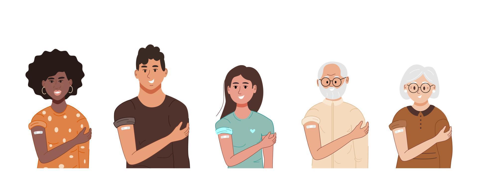 sonriendo a diversas personas después de la inyección de la vacuna contra el coronavirus. grupo de mujeres y hombres ancianos y jóvenes mostrando su hombro con vendaje después de la vacunación. ilustración vectorial plana vector