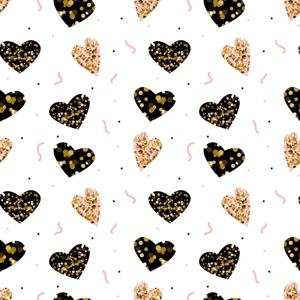 Sparkling golden glitter hearts seamless pattern. Shiny confetti Valentine's Day vector repeat texture. Brilliant love background