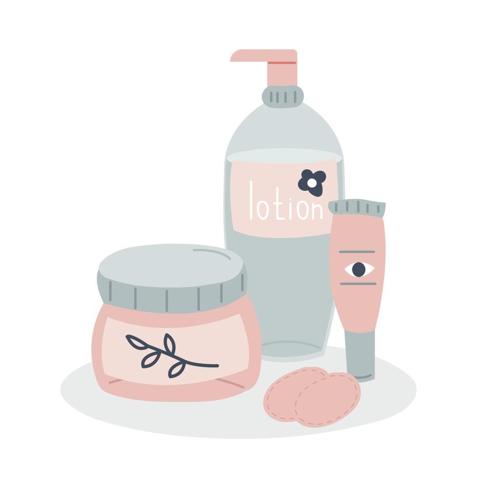 conjunto de productos cosméticos orgánicos naturales en botella, tarro, tubo para el cuidado de la piel. cuidado básico de la piel de belleza femenina. ilustración vectorial de dibujos animados aislado sobre fondo blanco vector