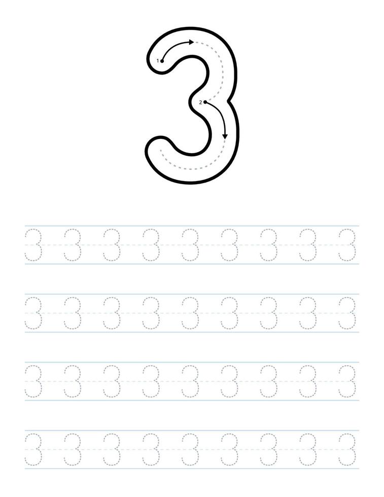 Trace number 3 worksheet for kids and preschool with tracing guide vector