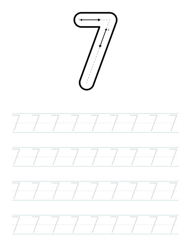 Trace number 7 worksheet for kids and preschool with tracing guide vector