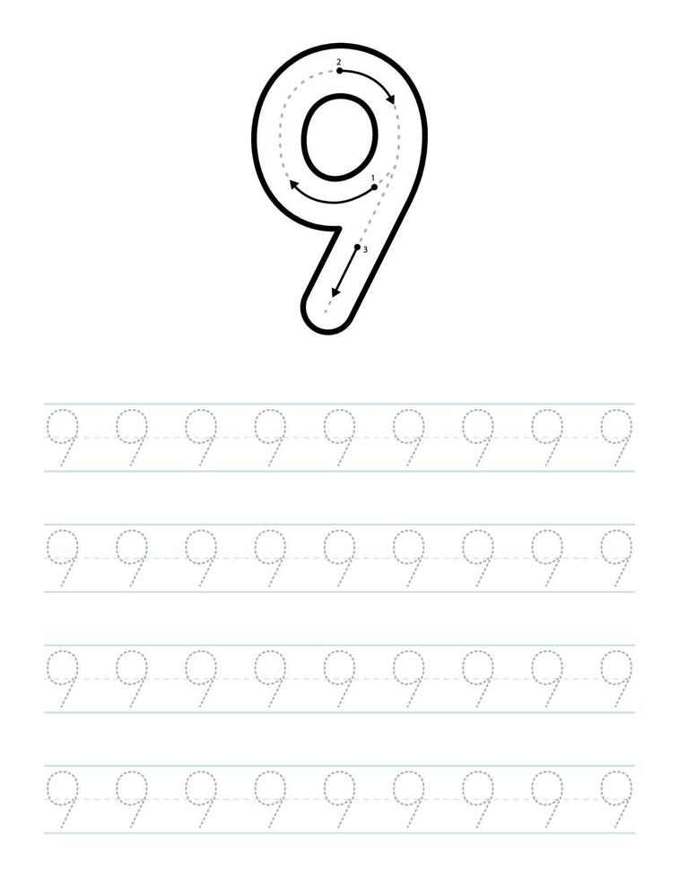 Trace number 9 worksheet for kids and preschool with tracing guide vector