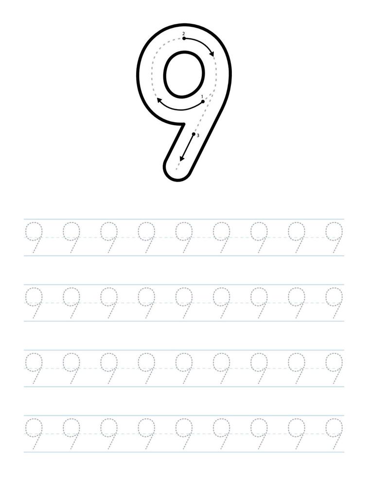 Trace number 9 worksheet for kids and preschool with tracing guide vector