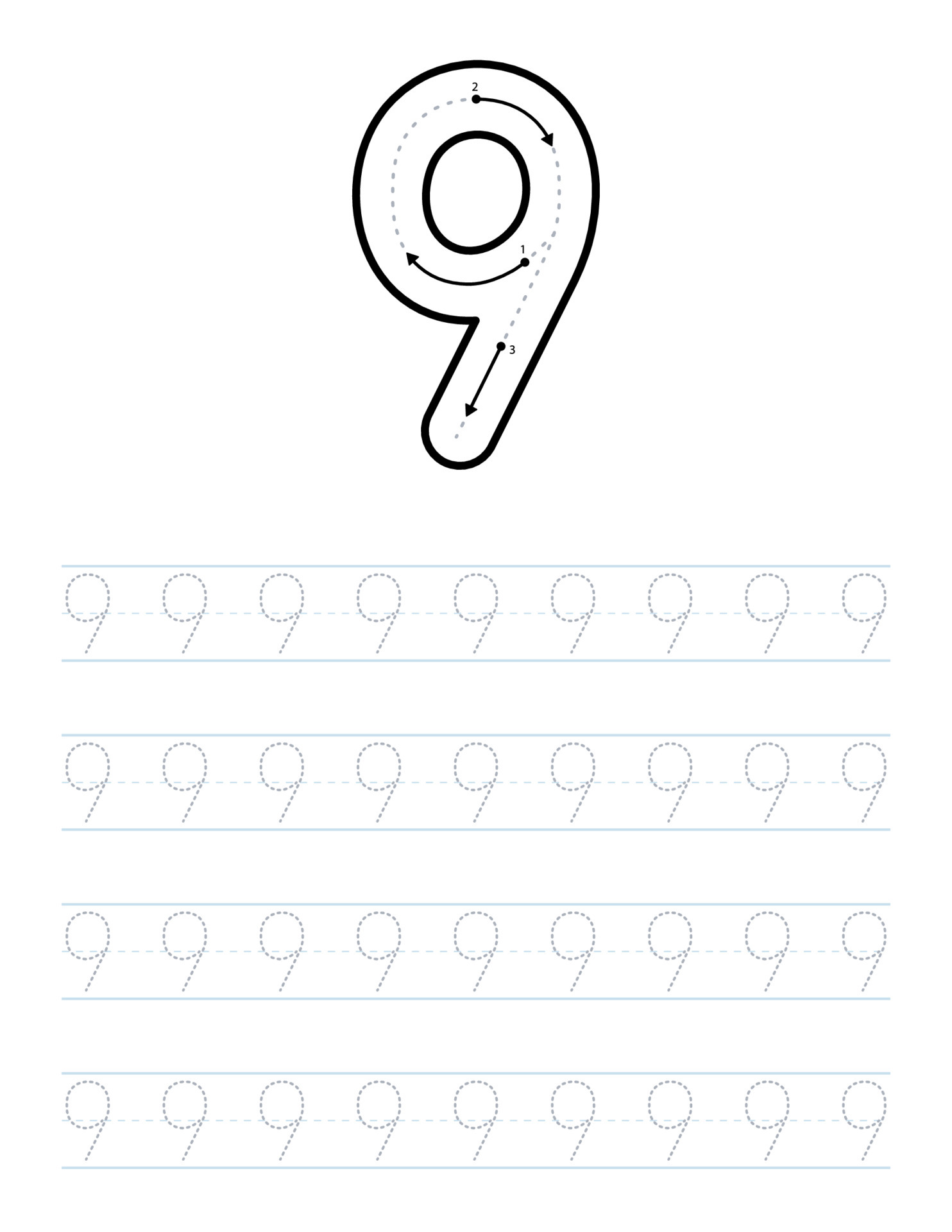 Trace number 9 worksheet for kids and preschool with tracing guide
