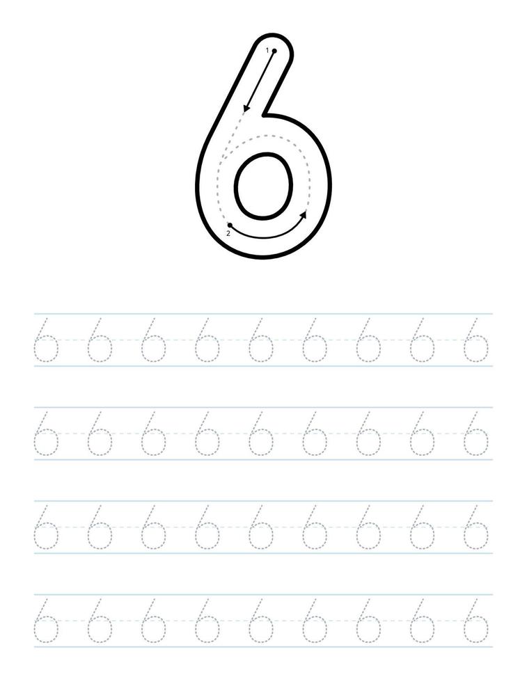 Trace number 6 worksheet for kids and preschool with tracing guide vector