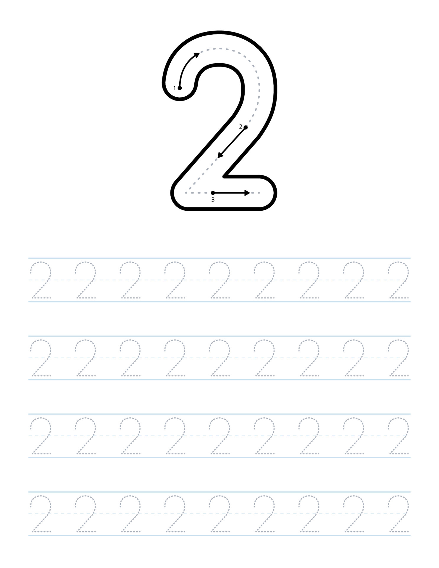 Trace number 2 worksheet for kids and preschool with tracing guide