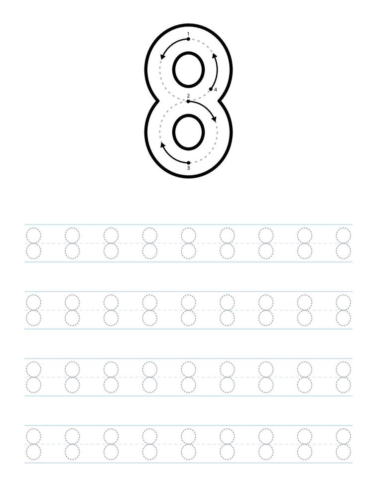 Trace number 8 worksheet for kids and preschool with tracing guide vector