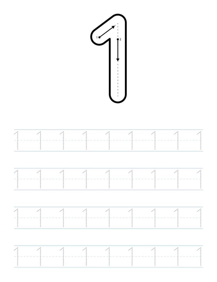 Trace number 1 worksheet for kids and preschool with tracing guide vector