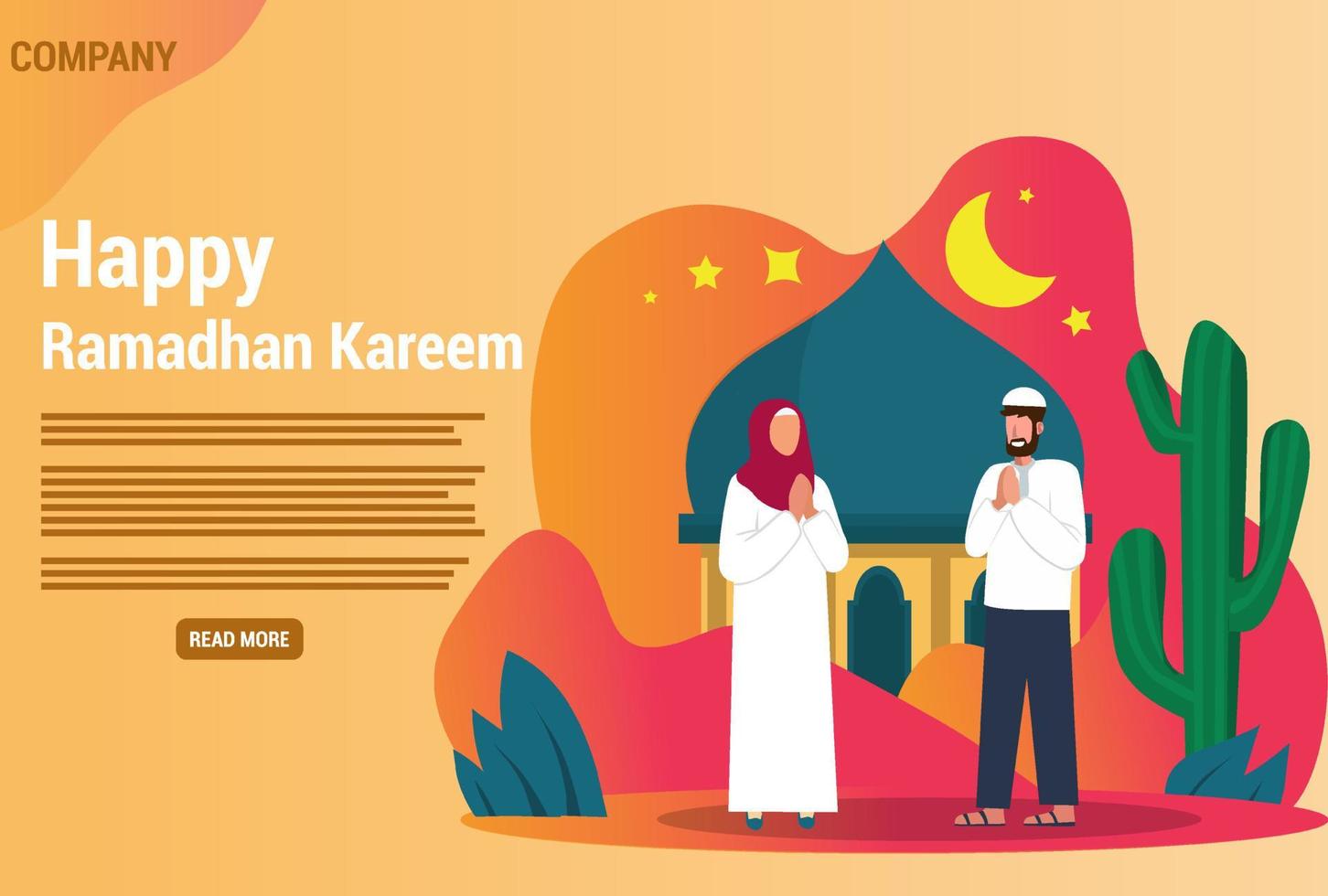 Ramadan greeting card. man and woman character muslim with crescent moon, stars and mosque . Vector illustration