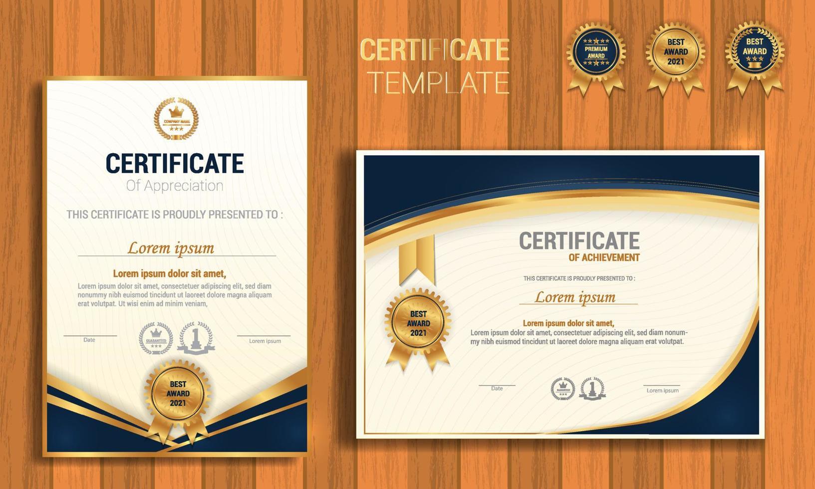 certificado de plantilla de reconocimiento, color dorado y azul. Certificado limpio y moderno con insignia de oro. Plantilla de borde de certificado con patrón de líneas modernas y de lujo. plantilla de vector de diploma