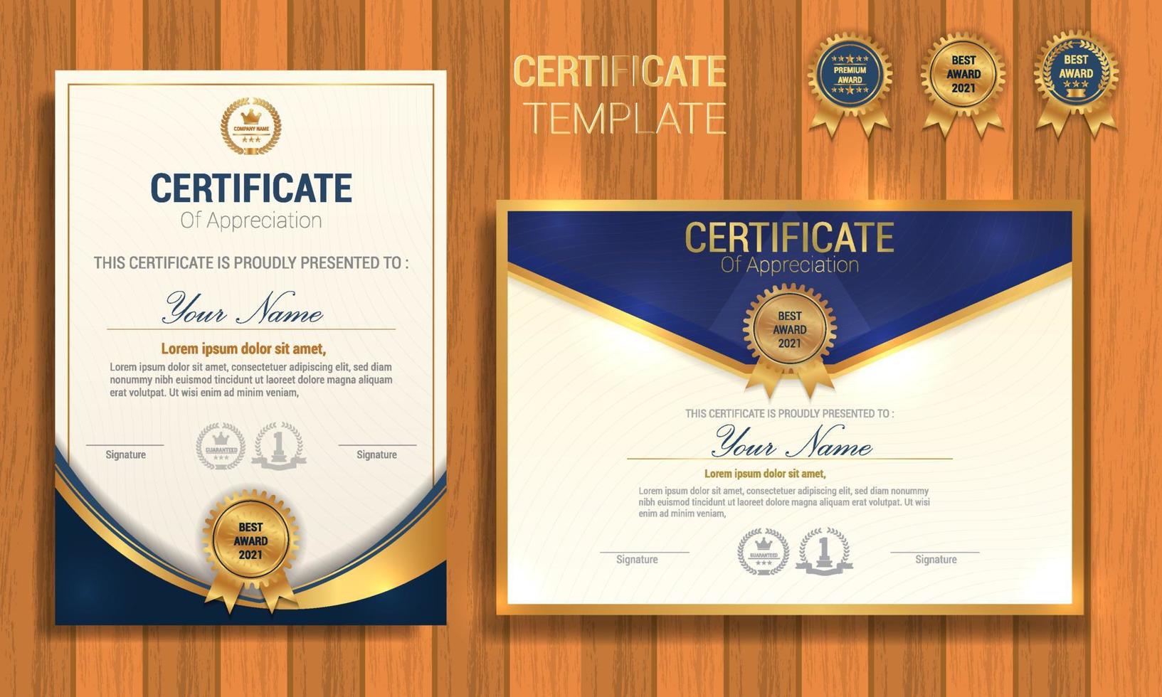 Blue and gold certificate of appreciation border template with luxury badge and modern line pattern. For award, business, and education needs vector