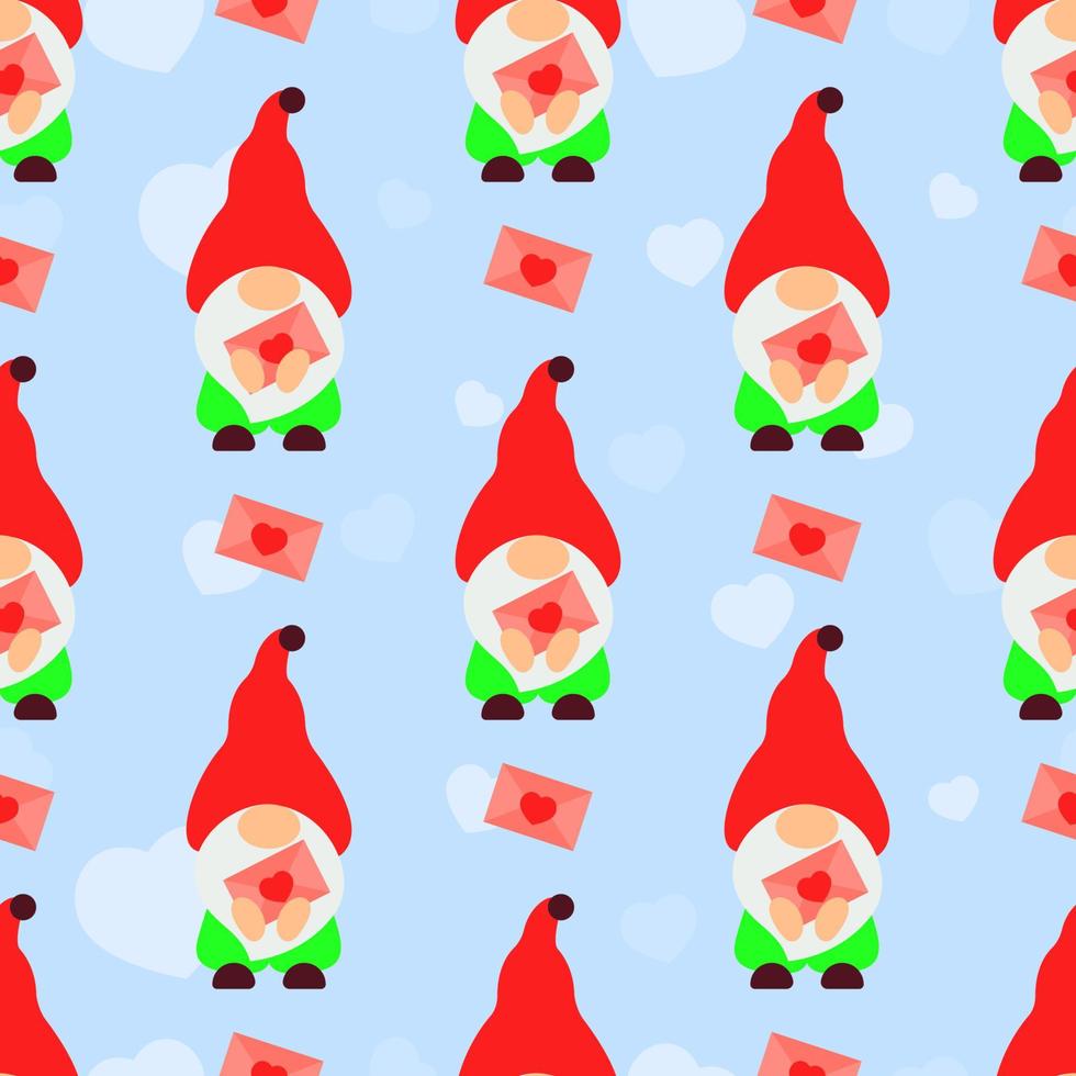 Seamless pattern with gnomes, letter valentine, heart. Valentines day background. Love concept. For wallpaper, gift box, scrapbooking, clothes fabric textile Vector cute backdrop