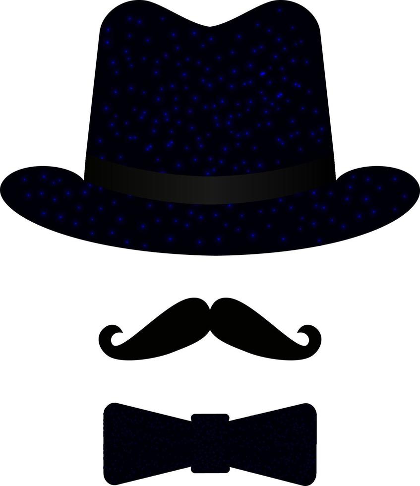 Black masquerade hat, mustache, bow tie. Isolated objects. Gentleman icon set. Vector illustration. Decorative element for logo, print, flyer