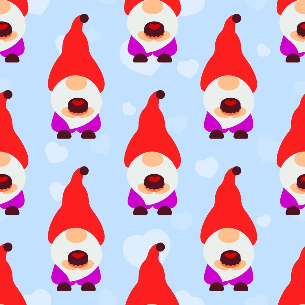 Seamless pattern with gnomes, cake, heart. Valentines day background. Love concept. For wallpaper, gift box, scrapbooking, clothes fabric textile Vector cute backdrop