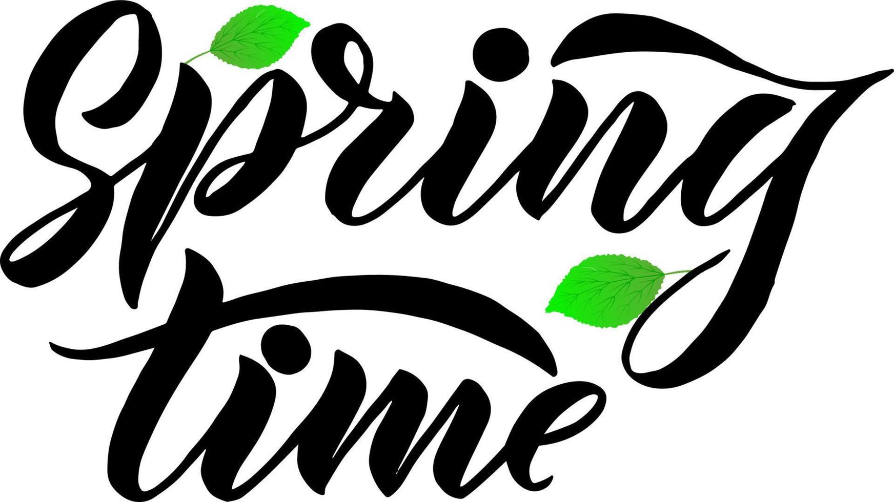 Phrase Spring Time with green leaves. Vector season quote. Hand lettering, typographic element for your design. Print for T-shirts, bags, posters, invitations, cards, pillows.