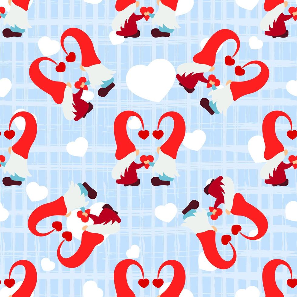 patrón sin costuras con pareja de gnomos, corazón, rayas cuadradas de textura azul. fondo de amor. concepto de vacaciones del día de san valentín. para álbumes de recortes, papel tapiz, papel para regalo, telón de fondo vectorial de tela impresa vector