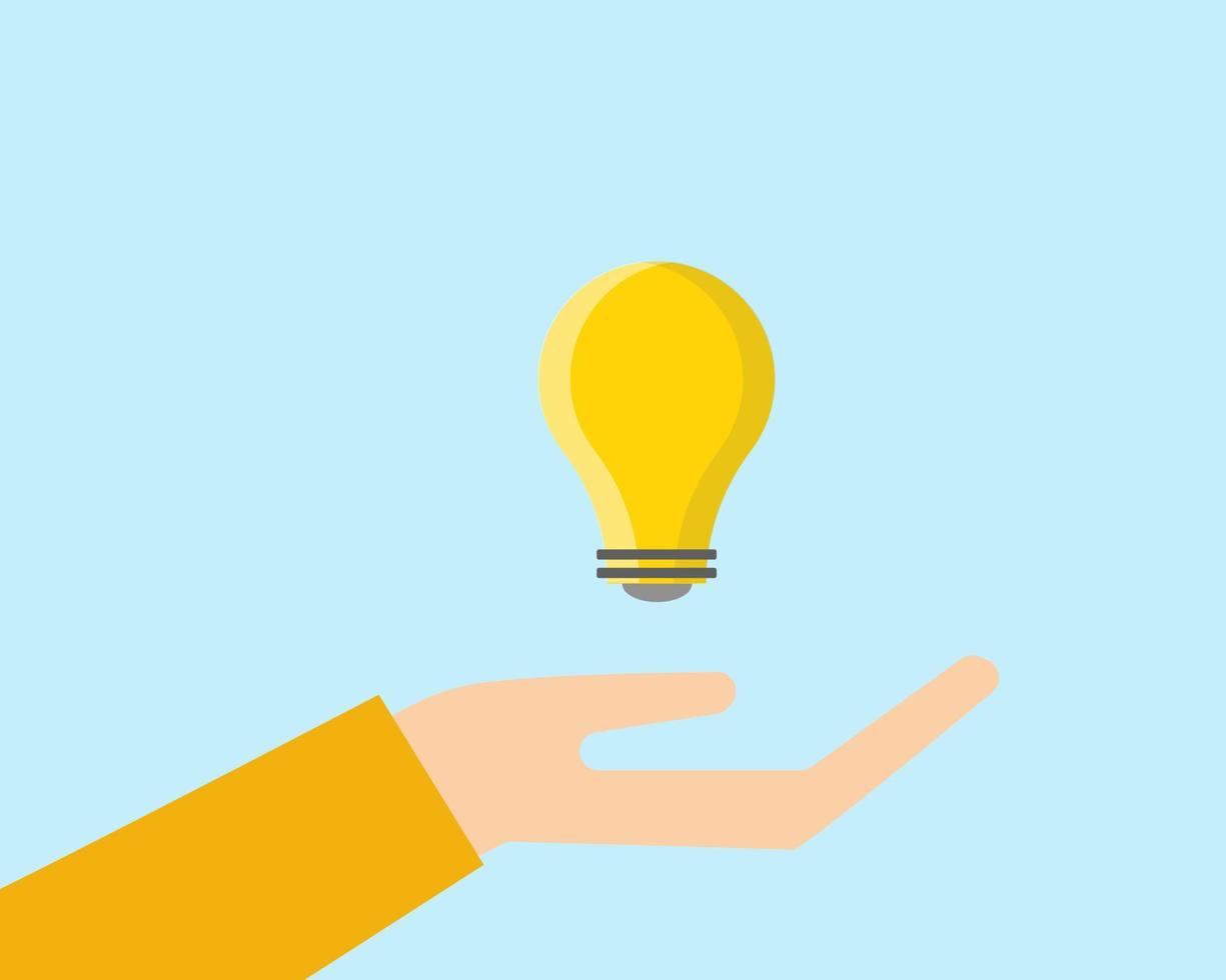 Successful or education concept. Bright idea in hand, There are hand and yellow bulb in cartoon vector style for your design.