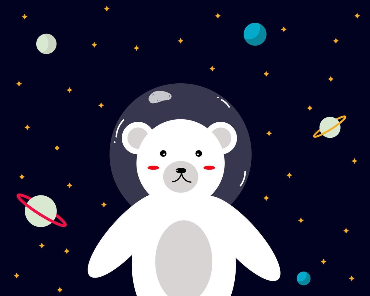 Kawaii character cartoon.  A cute white bear is in the space with many planets. vector