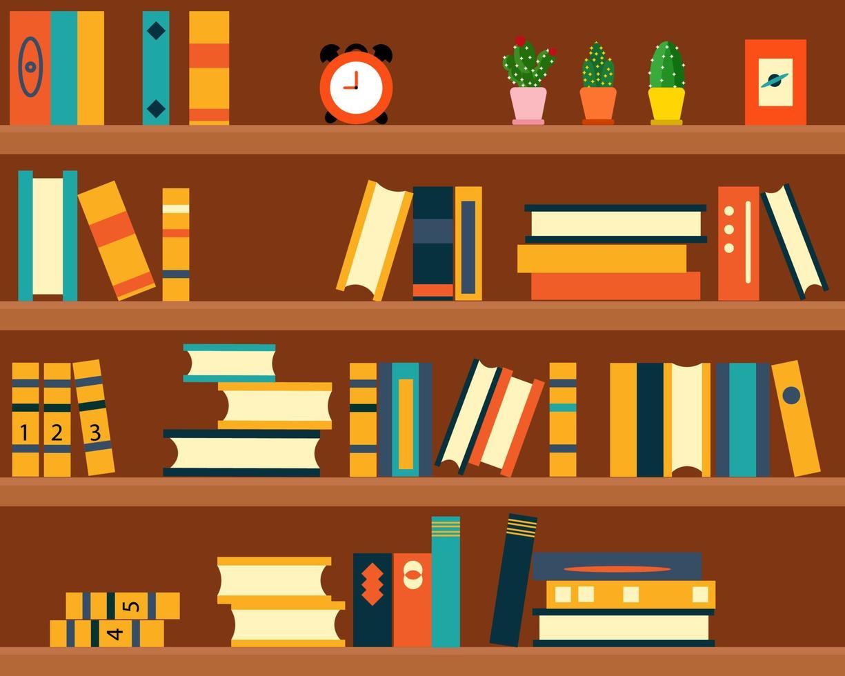 Many books are on bookshelf. vector