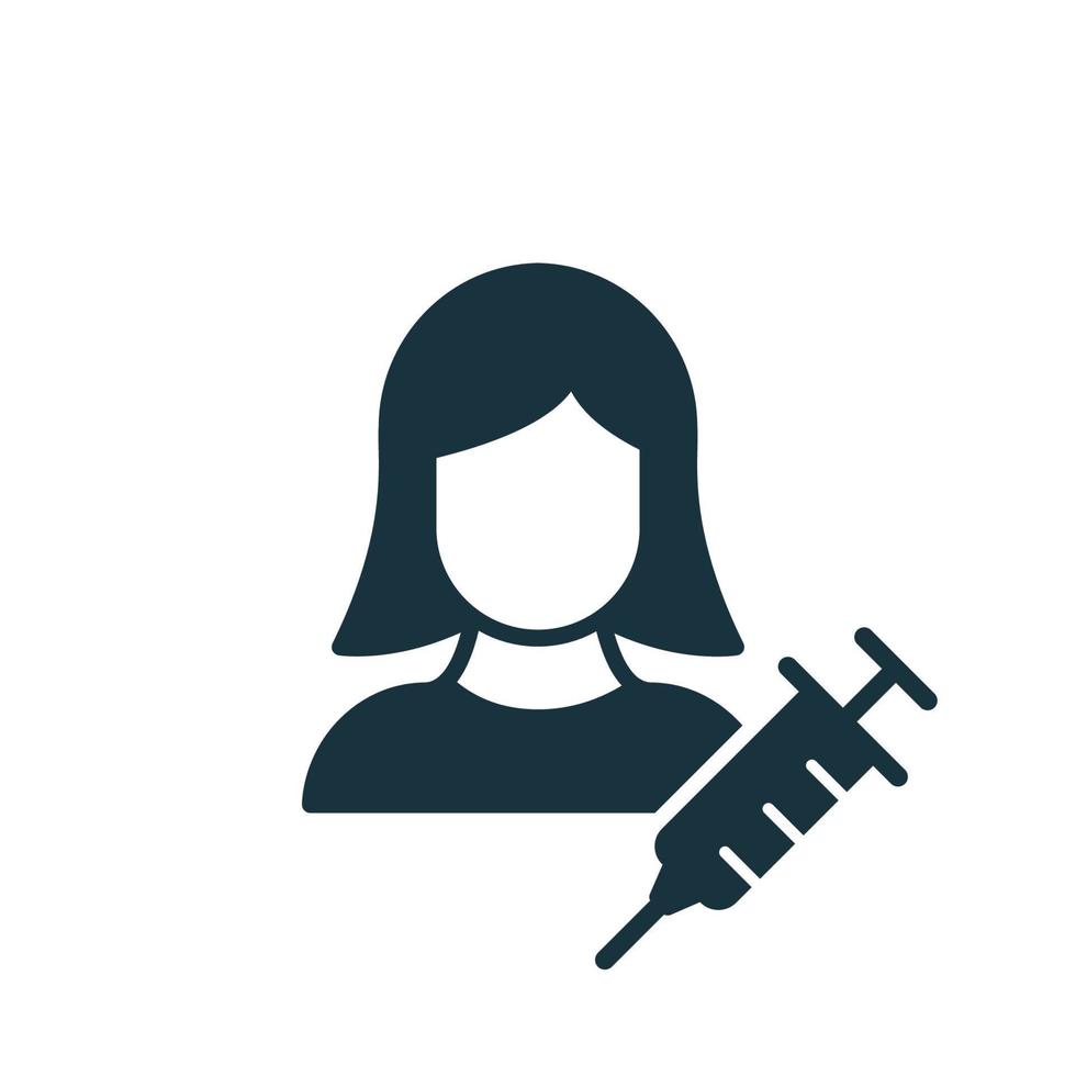 Vaccine Injection for Women. Syringe and Woman Silhouette icon. Coronavirus vaccination for girl. Vector illustration.