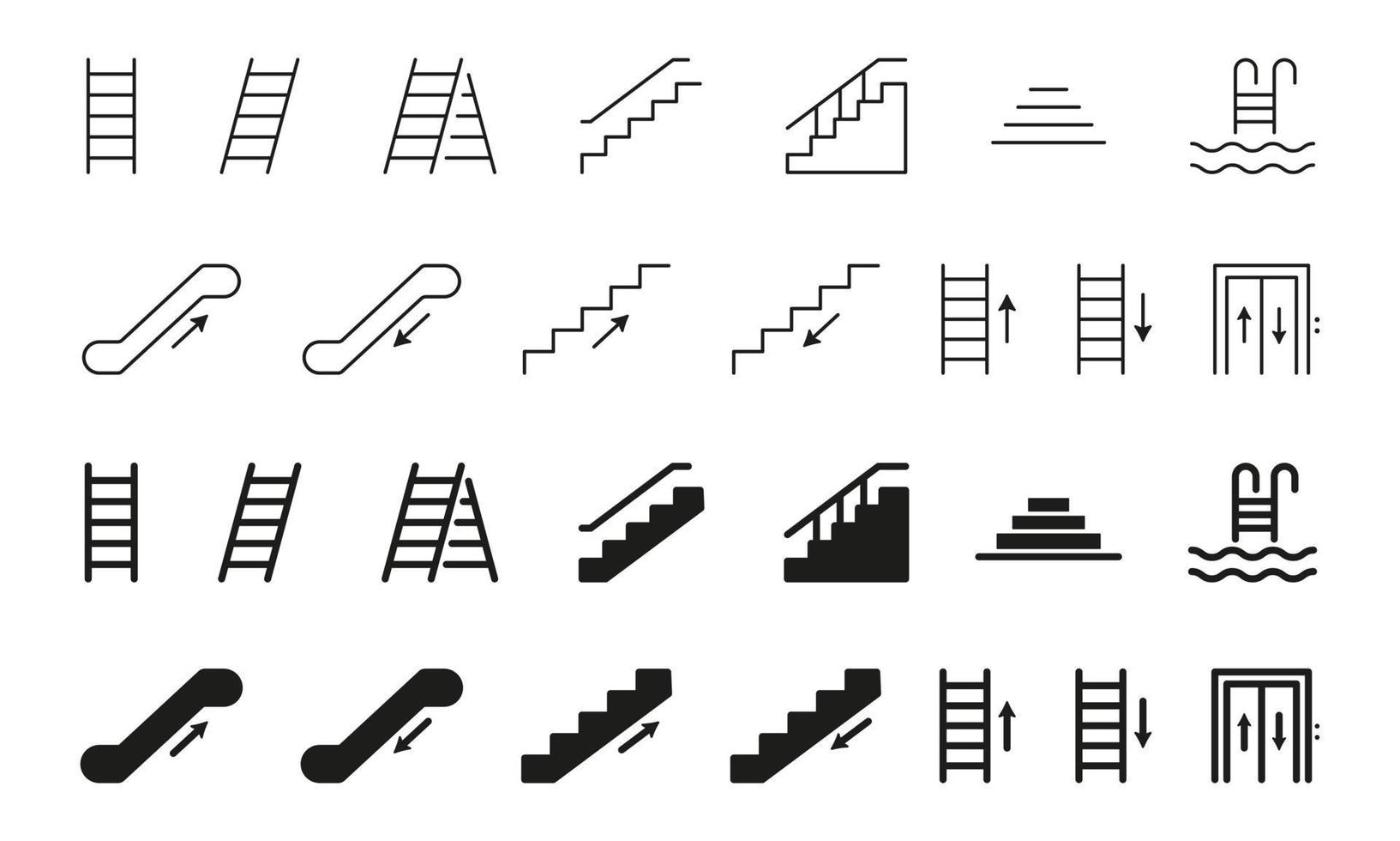 Set of Stairs Line and Silhouette Icon. Collection Staircases Outline Icon. Elevator, Ladder, Stairway, Escalator, Pool Stair Linear Pictogram. Isolated Vector Illustration.