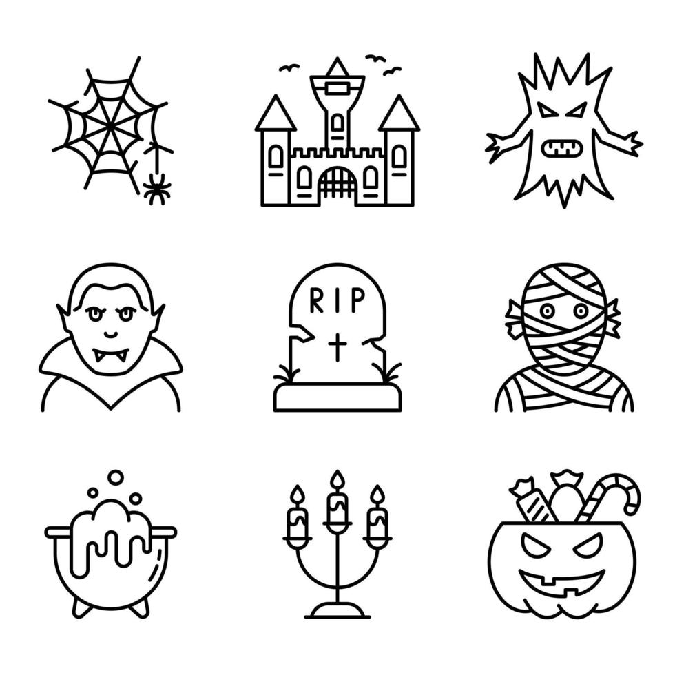 Halloween Set Line Icon. Pumpkin with Candy, Castle, Cauldron, Vampire Scary Magic Outline Icon. Halloween Concept. Spooky Horror Linear Pictogram. Editable Stroke. Isolated Vector Illustration.