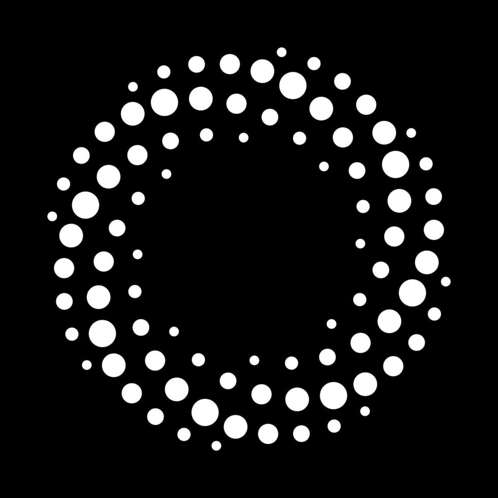 White Dotted Spiral Halftone Pattern. Dots in Circle on Black Background. Modern Abstract Spiral Halftone Background. Round Swirl Minimalistic Dots in Circle Form. Vector Illustration.