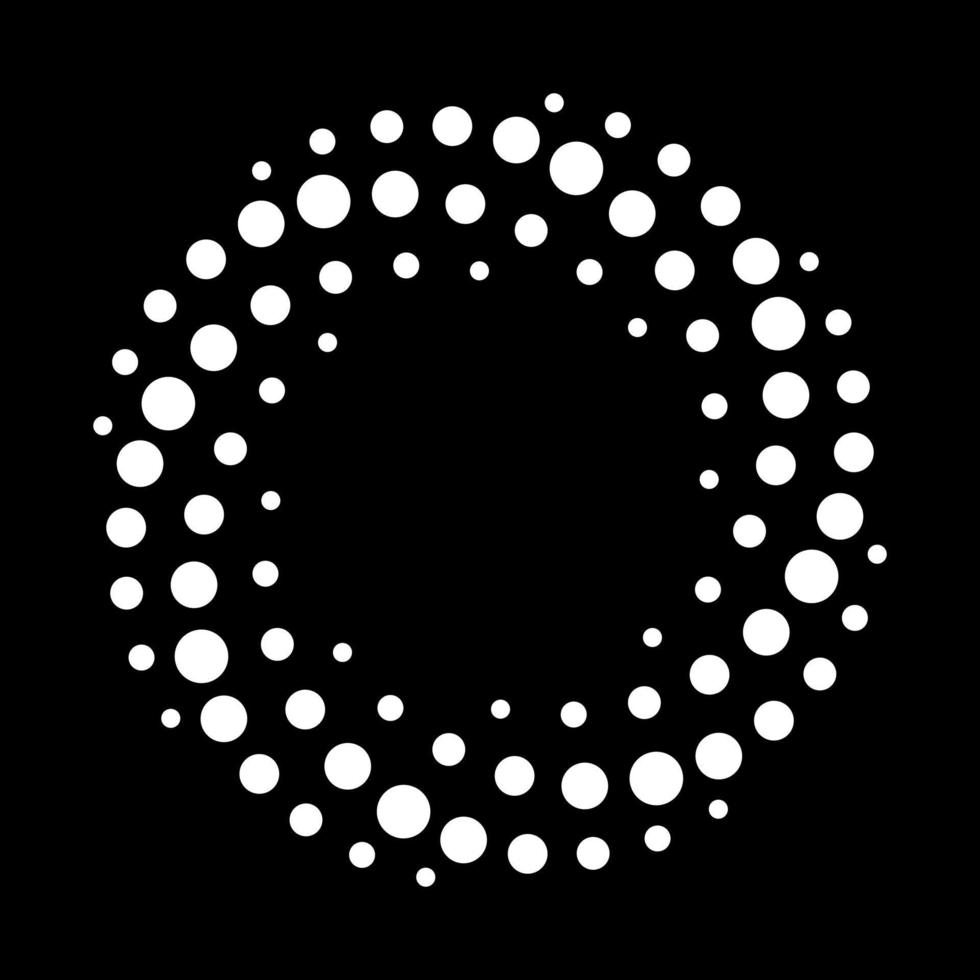 White Dotted Spiral Halftone Pattern. Dots in Circle on Black Background. Modern Abstract Spiral Halftone Background. Round Swirl Minimalistic Dots in Circle Form. Vector Illustration.