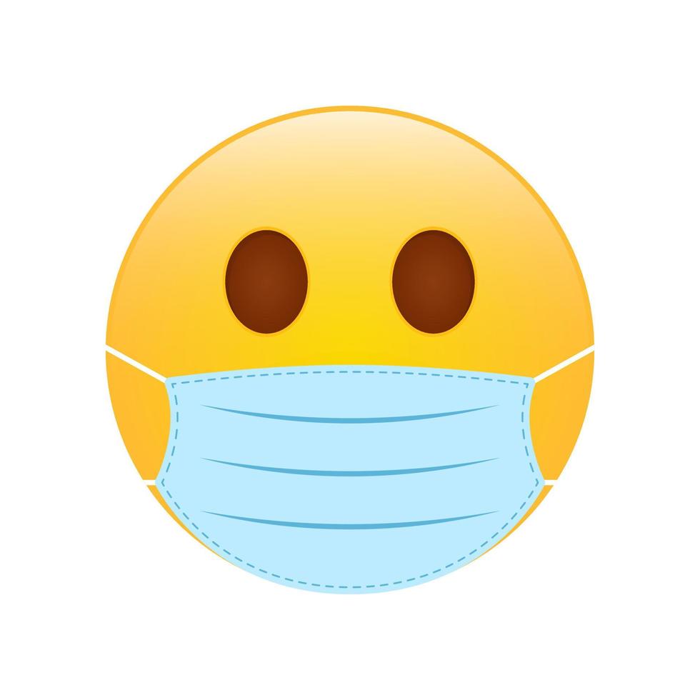 Yellow Emoji in Blue Medical Face Mask. Protection of Coronavirus Smile Sign. Emoticon in Surgical Face Mask. Emoji Corona Symbol. Isolated Vector Illustration.