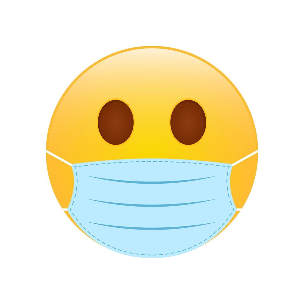 emoji amarillo con mascarilla médica azul. protección del signo de la sonrisa del coronavirus. emoticono en mascarilla quirúrgica. símbolo de corona emoji. ilustración vectorial aislada. vector