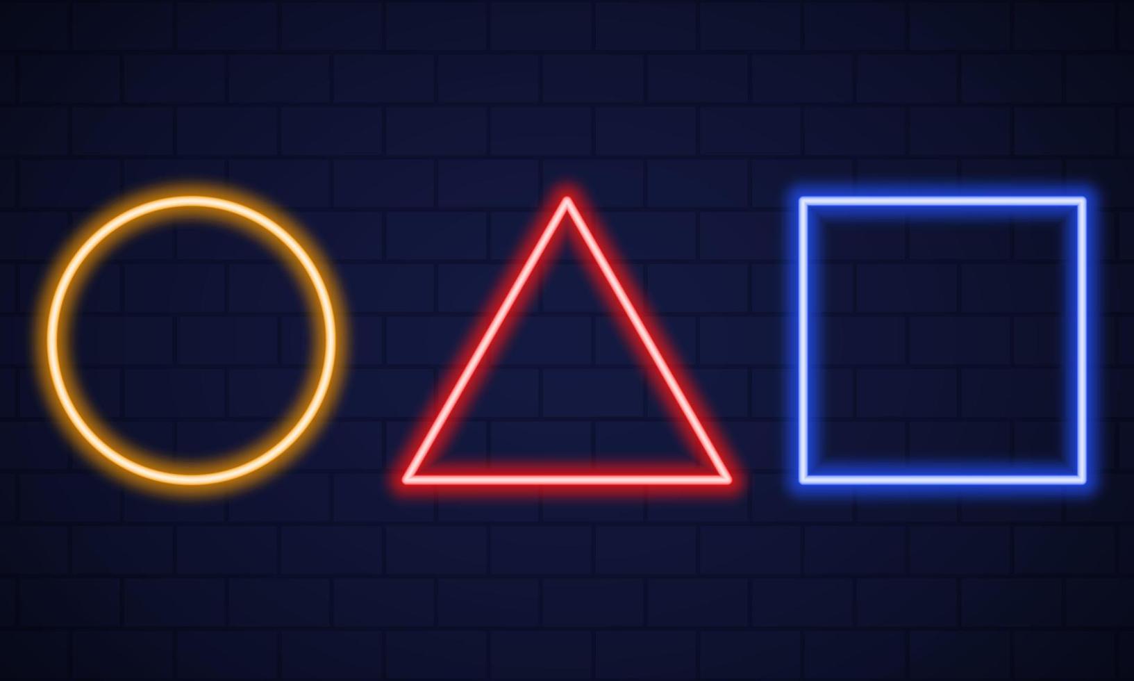Glowing Neon Circle, Triangle, Square Sign on Wall Background. Geometric Shapes icon. Collection of Shiny Neon Frames with Reflection Effect. Isolated Vector Illustration.