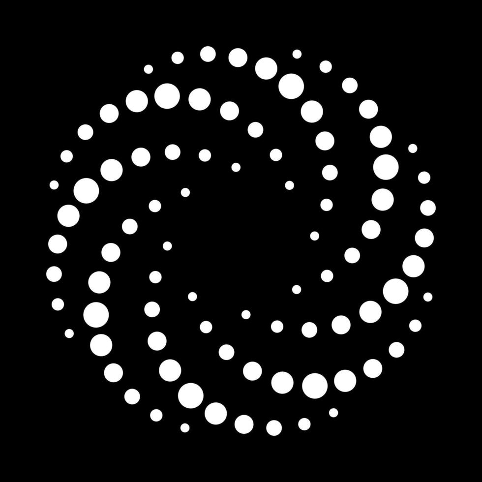 White Dots in Circle on Black Background. Modern Abstract Spiral Halftone Background. Twirl Abstract Modern Design. Round Swirl Minimalistic Dots in Circle Form. Vector Illustration.