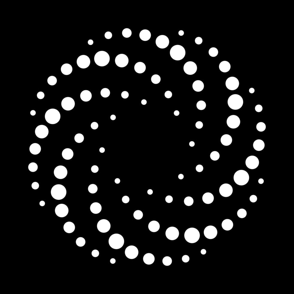 White Dots in Circle on Black Background. Modern Abstract Spiral Halftone Background. Twirl Abstract Modern Design. Round Swirl Minimalistic Dots in Circle Form. Vector Illustration.