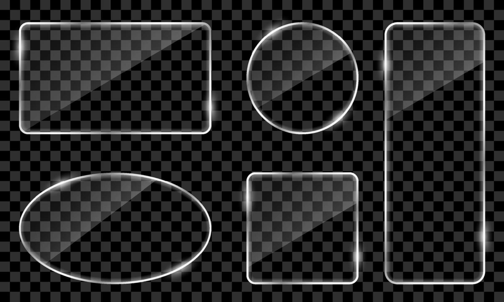 Set of Clear Shiny Frame Glass with Glossy Effect. Collection of Realistic Glass on Black Transparent Background. Mockup of Gloss Silver Plates. Isolated Vector Illustration