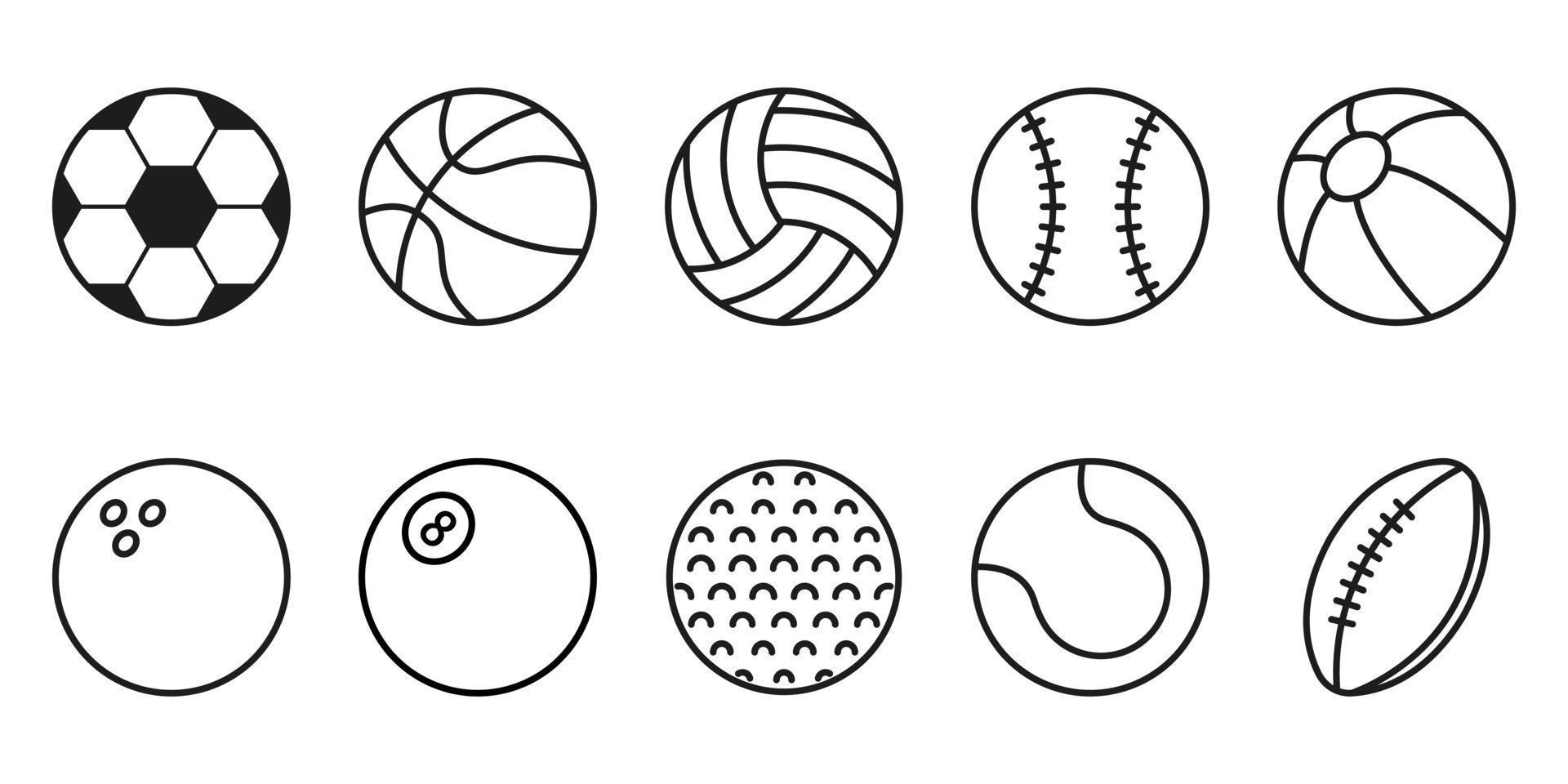 conjunto de iconos de bolas de juego deportivo. colección de pelotas para baloncesto, béisbol, tenis, rugby, fútbol, voleibol, golf, piscina, pictograma de bolos. pelota inflable, símbolo de softbol. ilustración vectorial vector