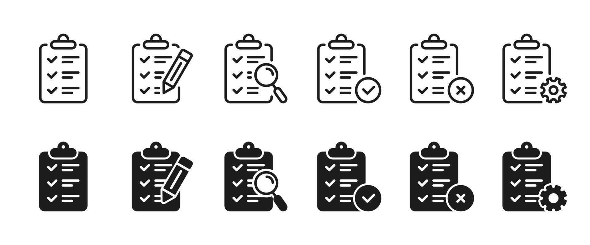 conjunto de portapapeles para icono de nota. lista de verificación a bordo con iconos de lápiz, equipo, línea de lupa y silueta. horario comercial, lista de verificación en el portapapeles. registro de datos ilustración vectorial aislada. vector