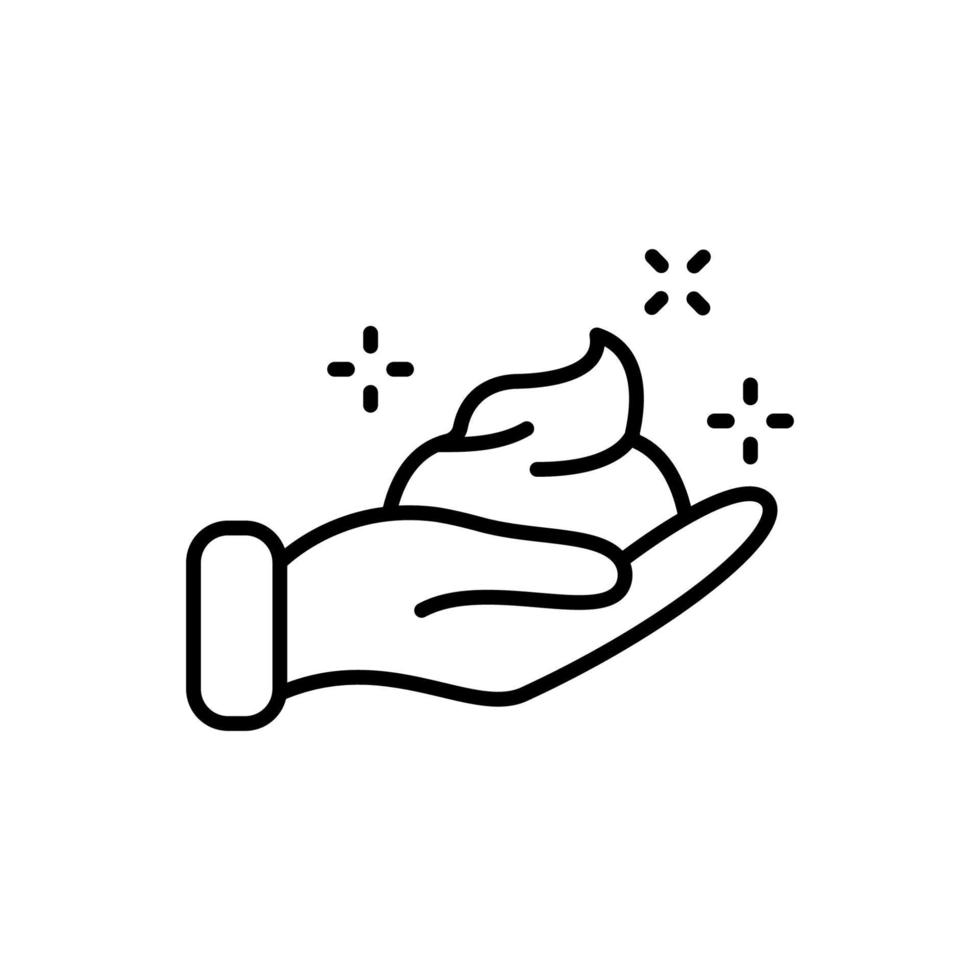 Sparkle Foam Cream on Hand Line Icon. Whipped Soap on Hand Linear Pictogram. Wash, Cleansing, Hygiene Skin Concept. Outline Icon. Isolated Vector Illustration.